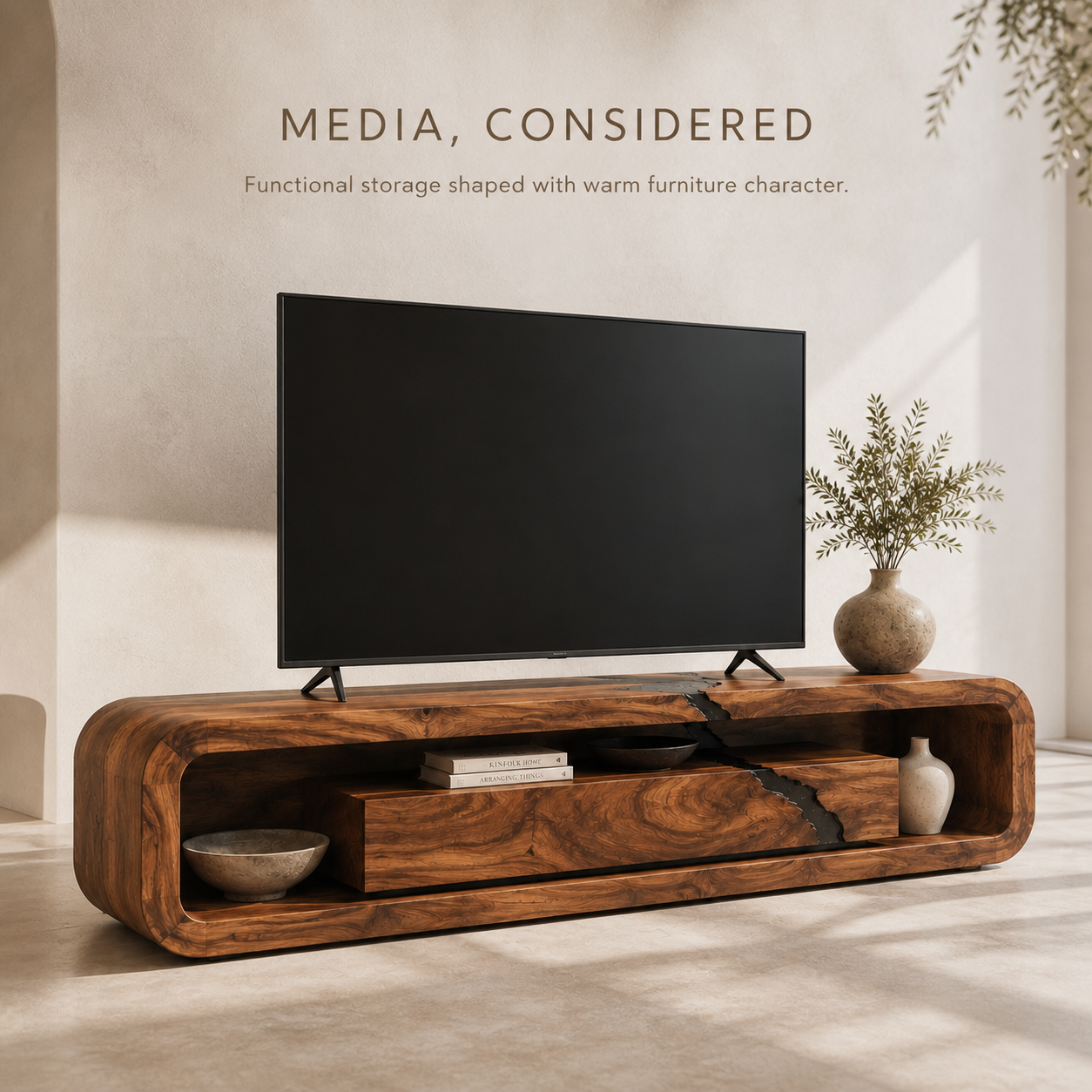 Aurelia Sculptural Solid Wood TV Stand - Design 060 - TV stand detail and styling view 02