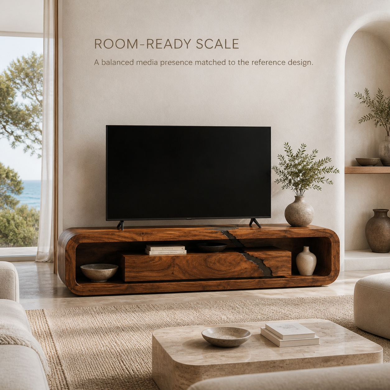 Aurelia Sculptural Solid Wood TV Stand - Design 060 - TV stand detail and styling view 03