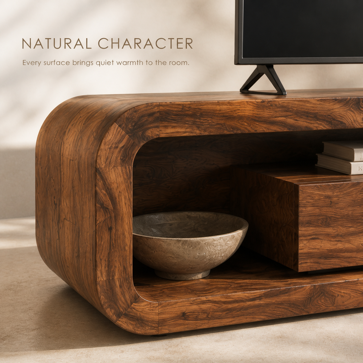 Aurelia Sculptural Solid Wood TV Stand - Design 060 - TV stand detail and styling view 04