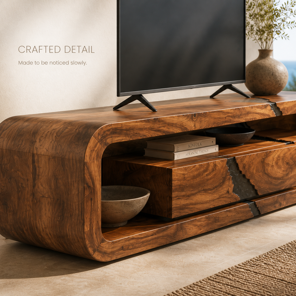 Aurelia Sculptural Solid Wood TV Stand - Design 060 - TV stand detail and styling view 05