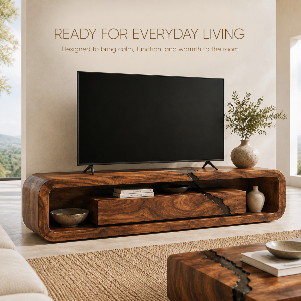 Aurelia Sculptural Solid Wood TV Stand - Design 060 - TV stand detail and styling view 06