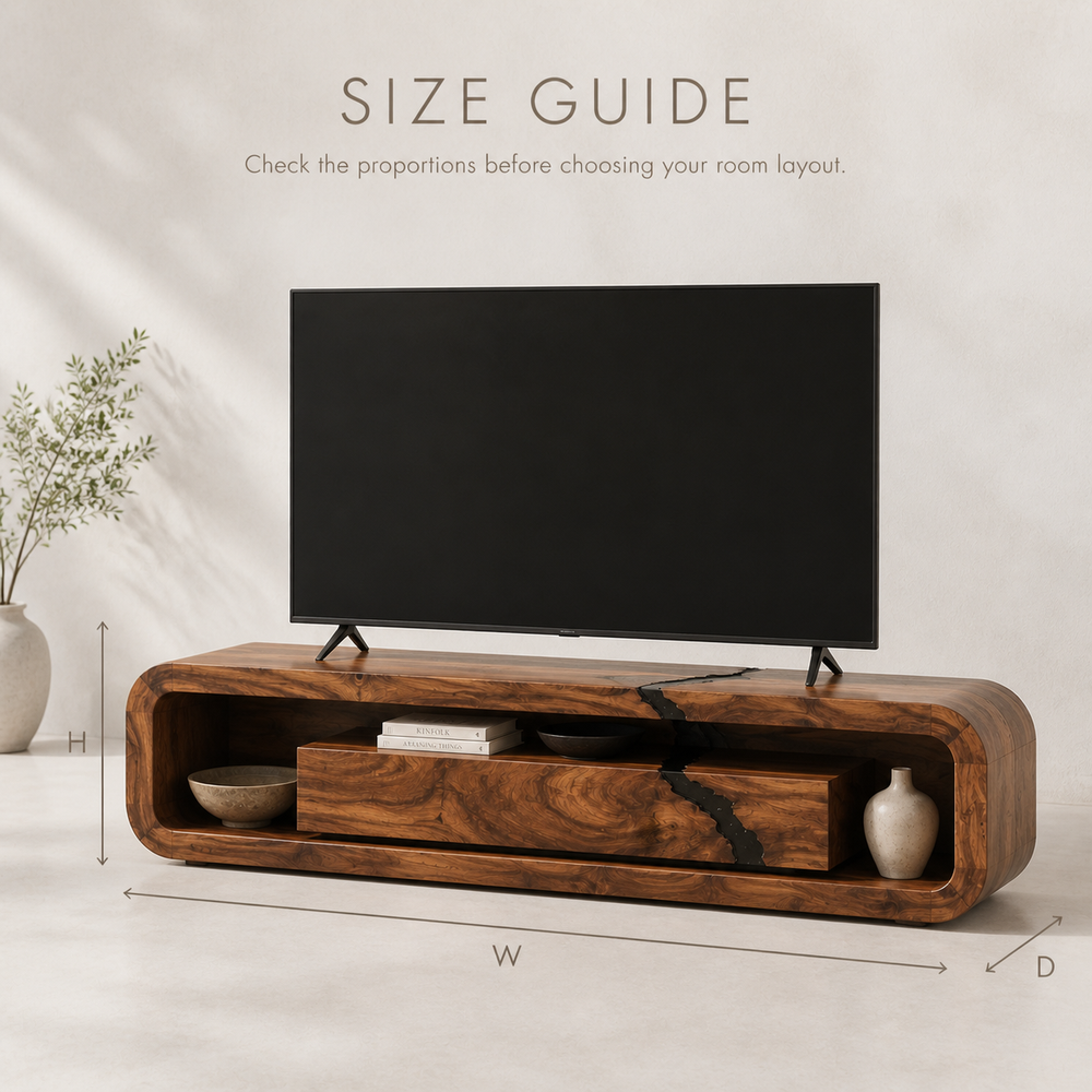 Aurelia Sculptural Solid Wood TV Stand - Design 060 - TV stand detail and styling view 07