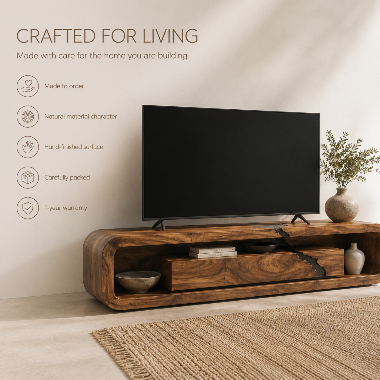 Aurelia Sculptural Solid Wood TV Stand - Design 060 - TV stand detail and styling view 08