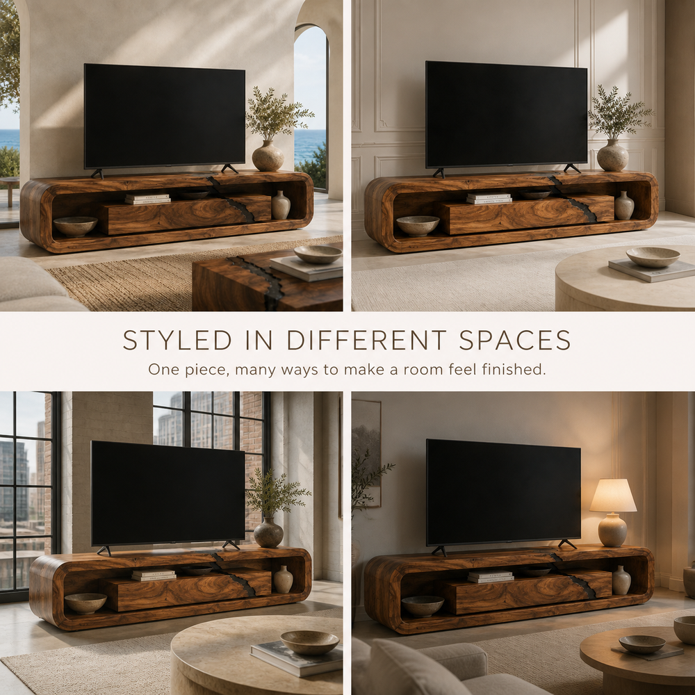 Aurelia Sculptural Solid Wood TV Stand - Design 060 - TV stand detail and styling view 09
