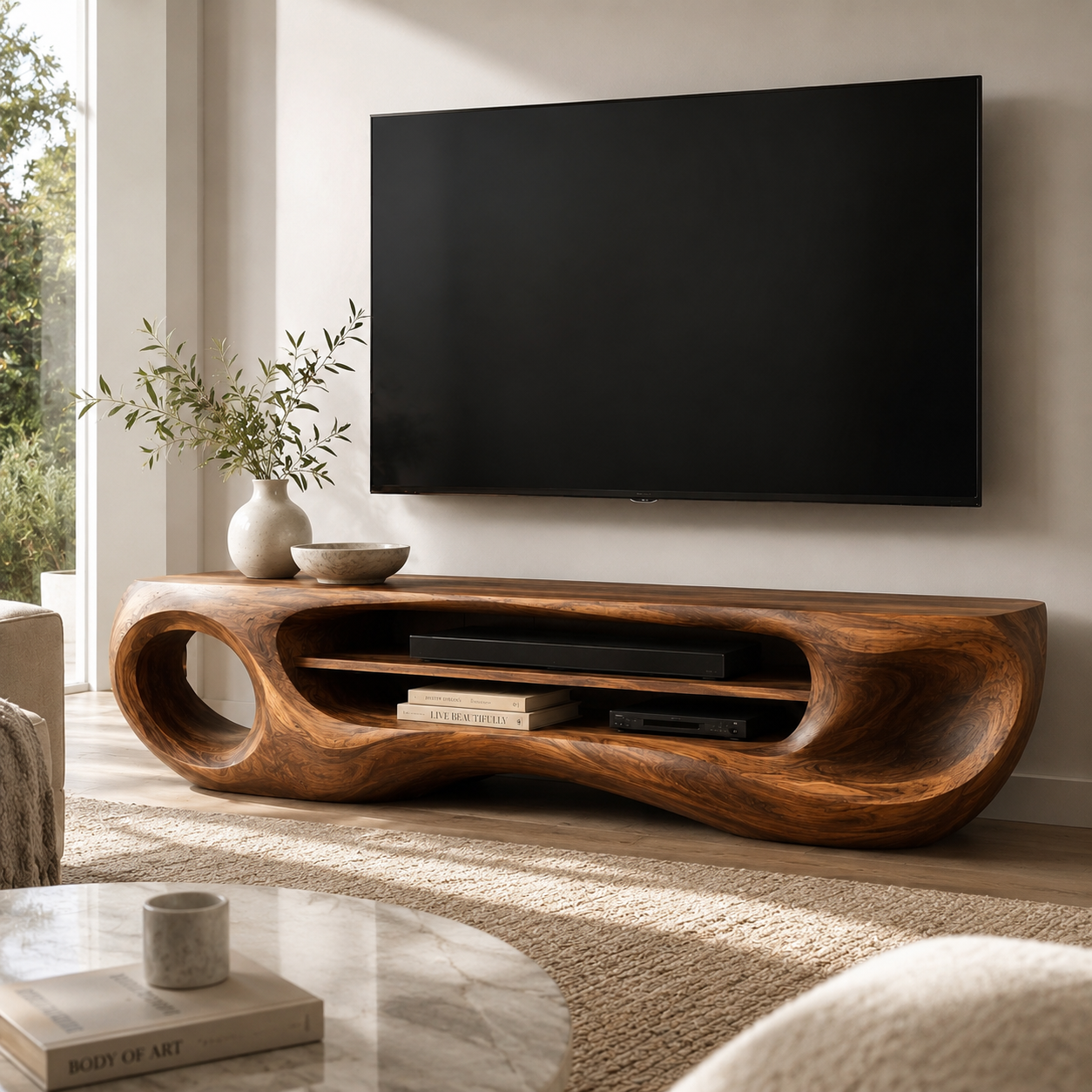 Isolde Sculptural Solid Wood TV Stand - Design 061 - premium solid wood TV stand main lifestyle view