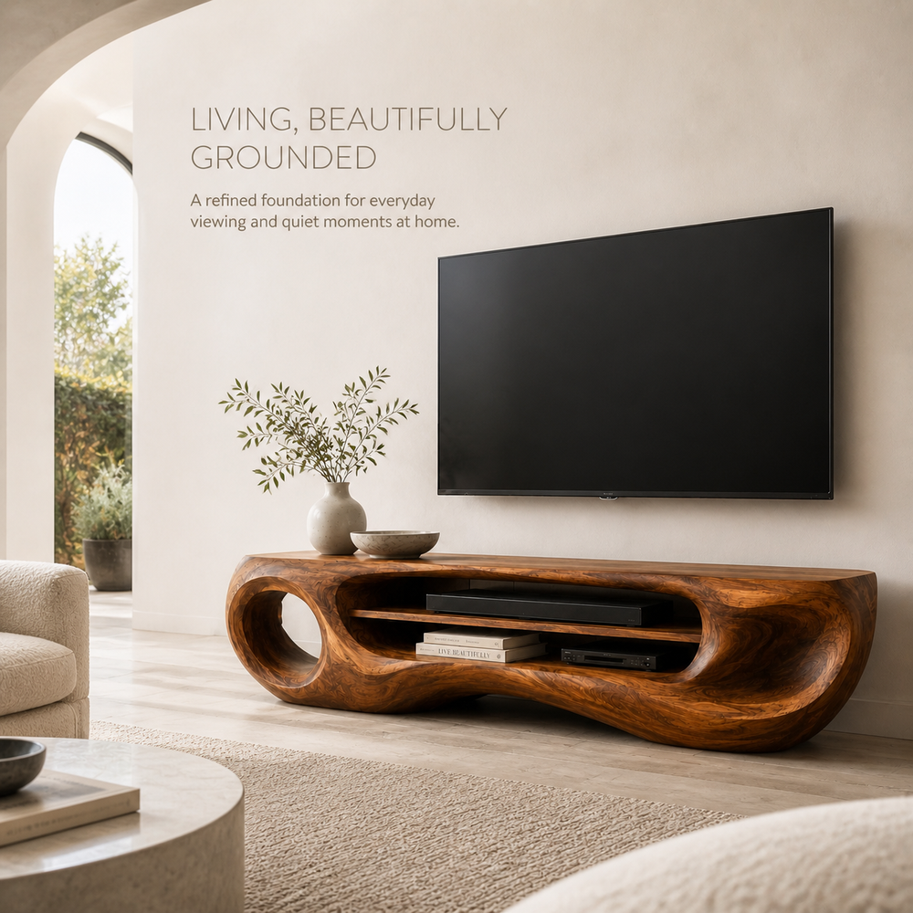 Isolde Sculptural Solid Wood TV Stand - Design 061 - TV stand detail and styling view 01