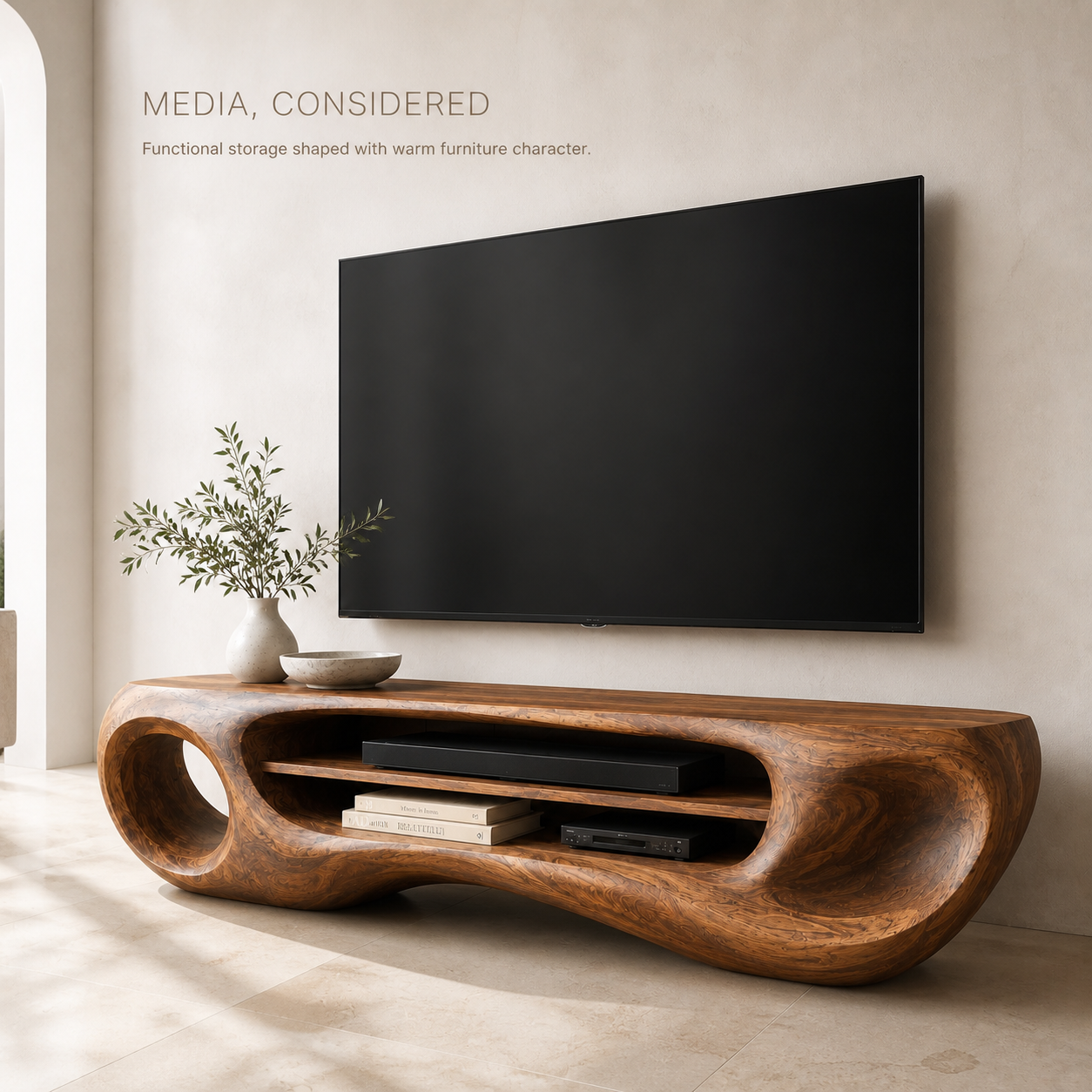 Isolde Sculptural Solid Wood TV Stand - Design 061 - TV stand detail and styling view 02
