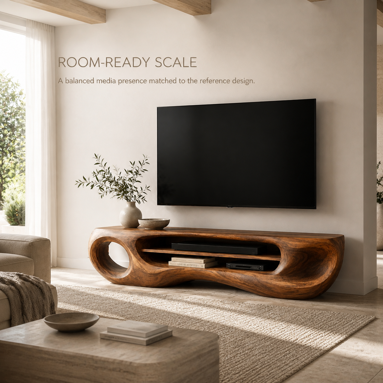 Isolde Sculptural Solid Wood TV Stand - Design 061 - TV stand detail and styling view 03
