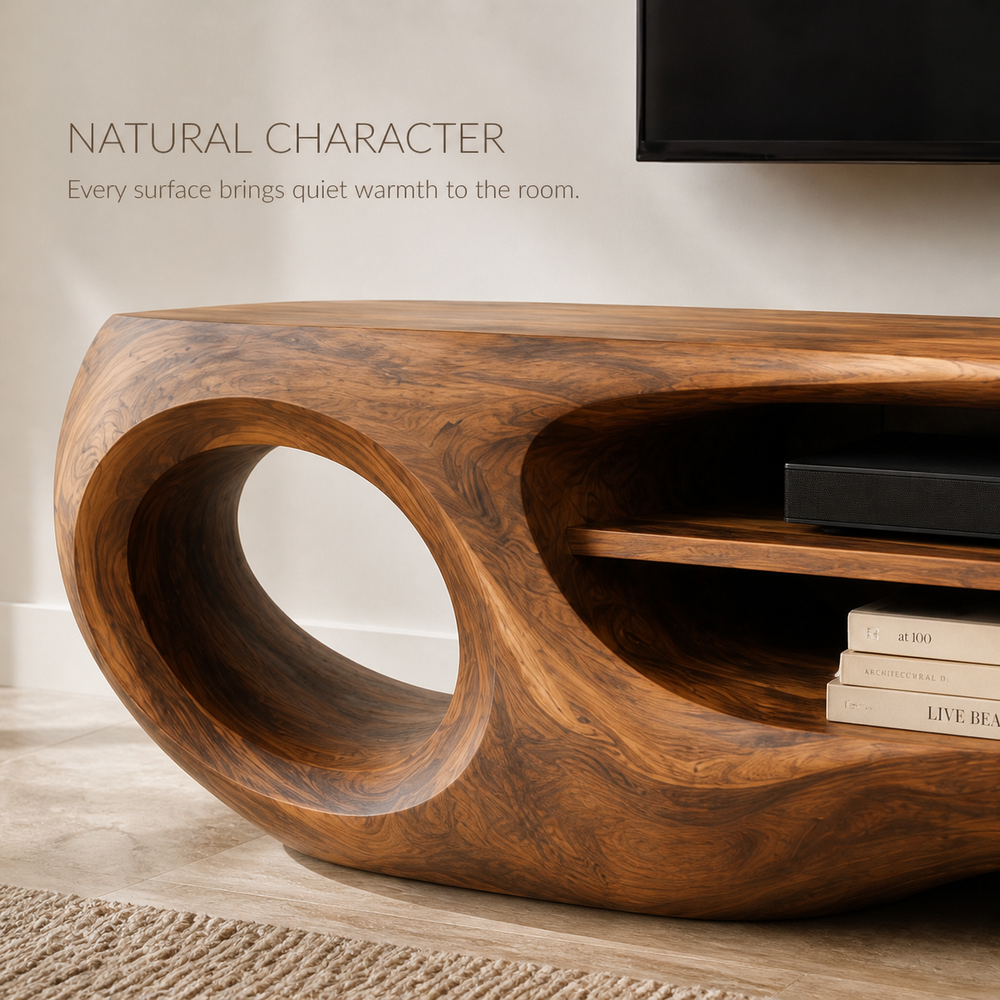 Isolde Sculptural Solid Wood TV Stand - Design 061 - TV stand detail and styling view 04
