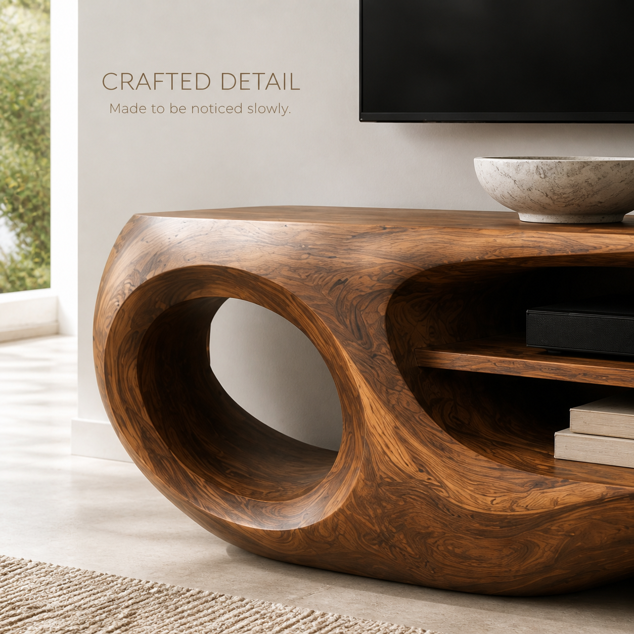 Isolde Sculptural Solid Wood TV Stand - Design 061 - TV stand detail and styling view 05