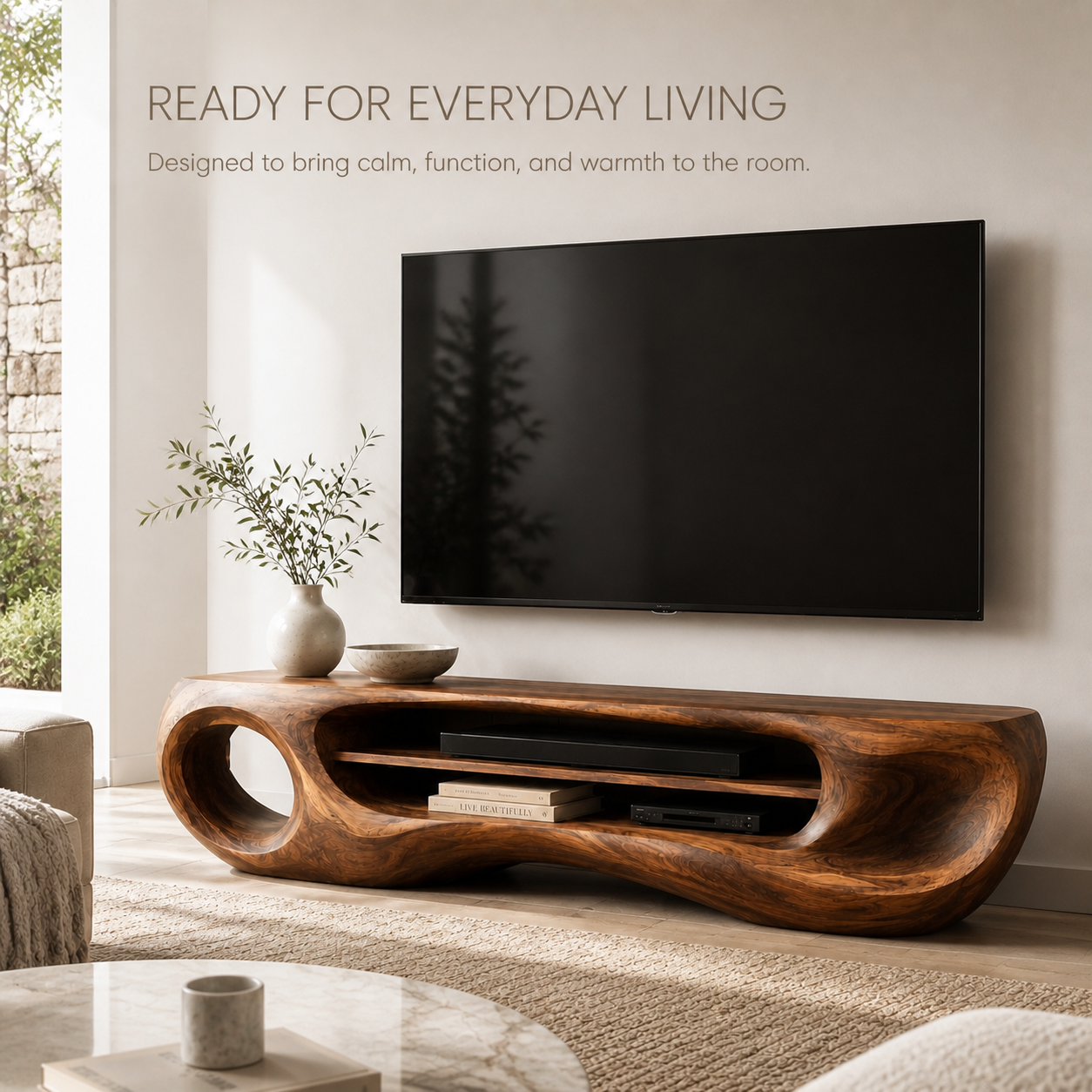 Isolde Sculptural Solid Wood TV Stand - Design 061 - TV stand detail and styling view 06