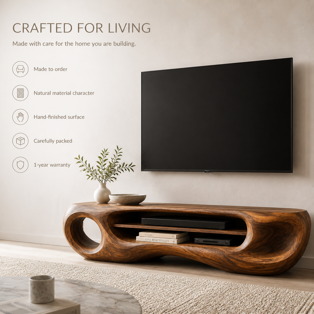 Isolde Sculptural Solid Wood TV Stand - Design 061 - TV stand detail and styling view 08