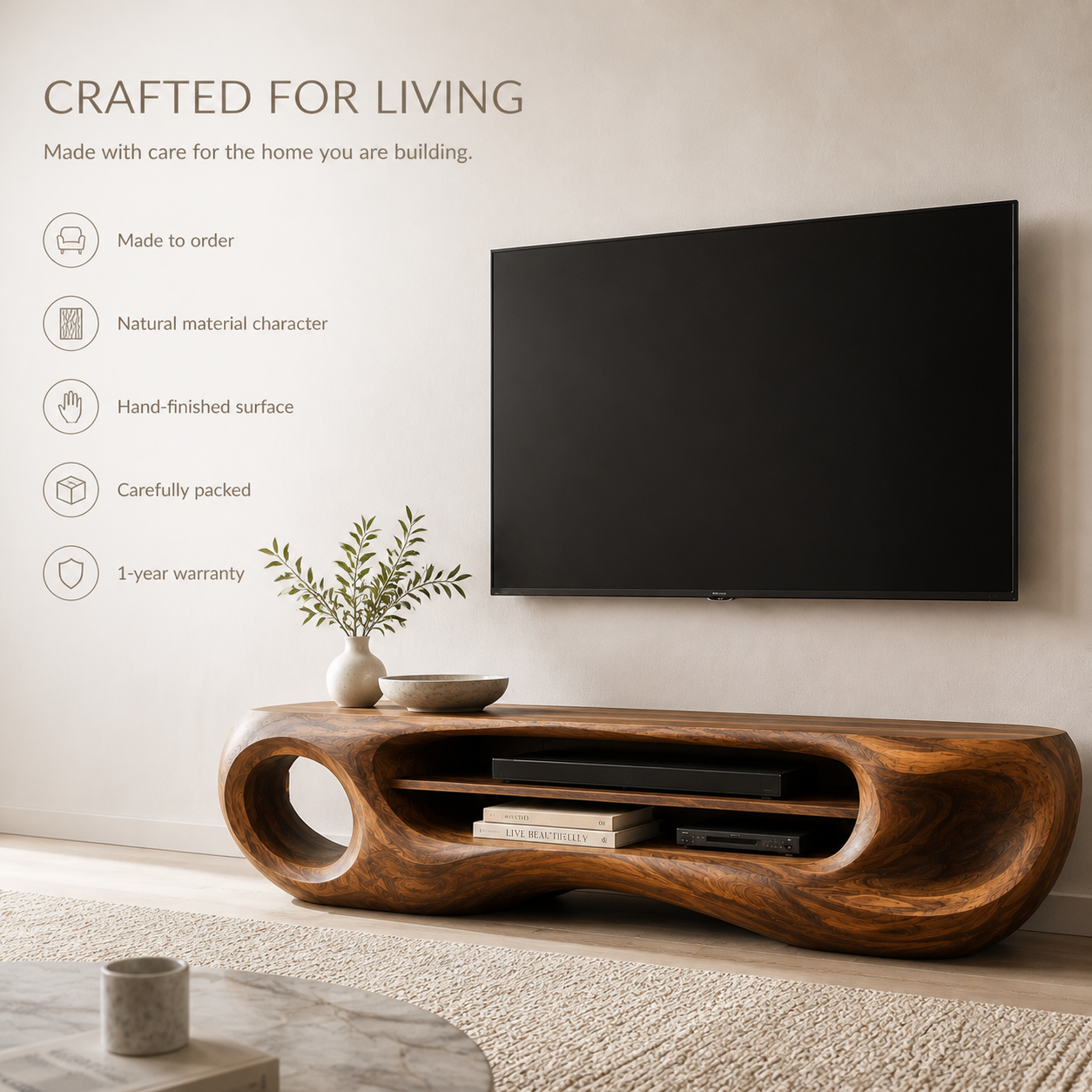 Isolde Sculptural Solid Wood TV Stand - Design 061 - TV stand detail and styling view 08