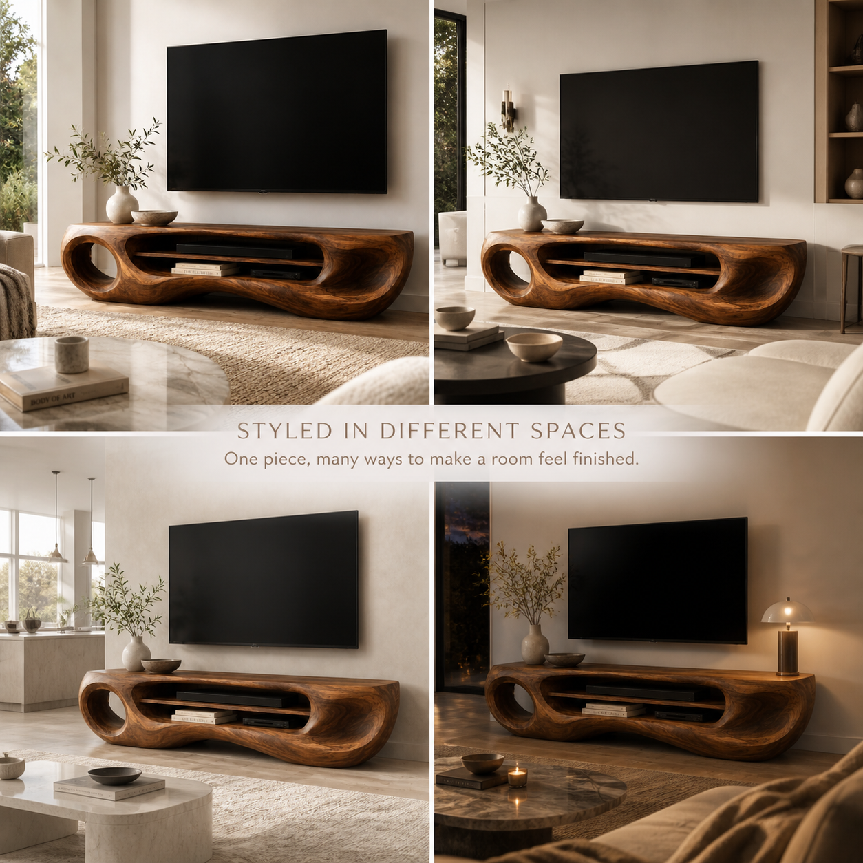 Isolde Sculptural Solid Wood TV Stand - Design 061 - TV stand detail and styling view 09