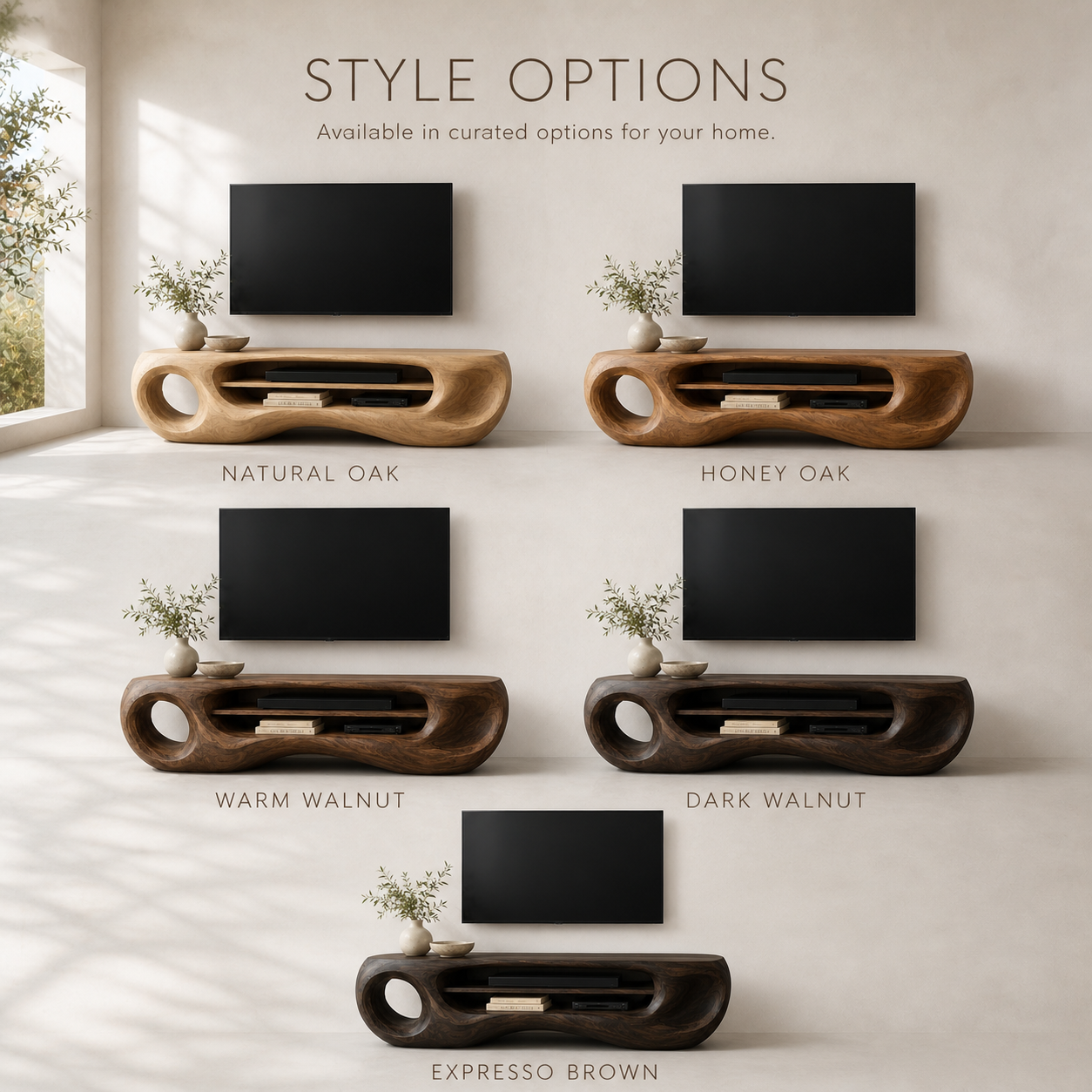 Isolde Sculptural Solid Wood TV Stand - Design 061 - TV stand detail and styling view 10