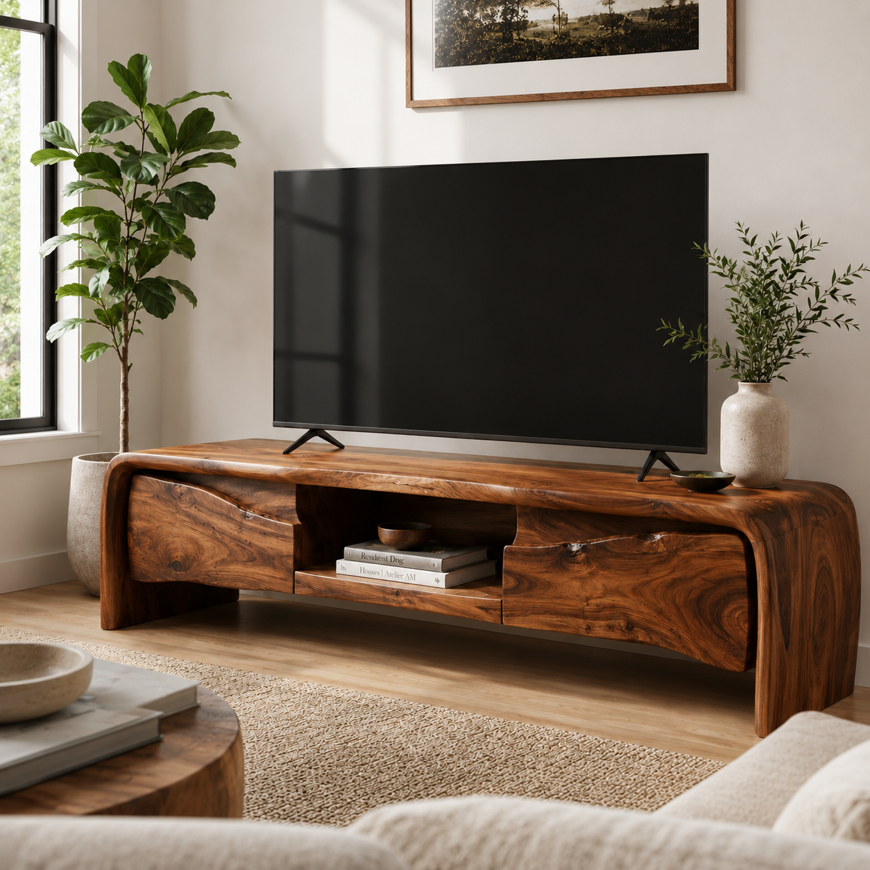 Riven Sculptural Solid Wood TV Stand - Design 062 - premium solid wood TV stand main lifestyle view
