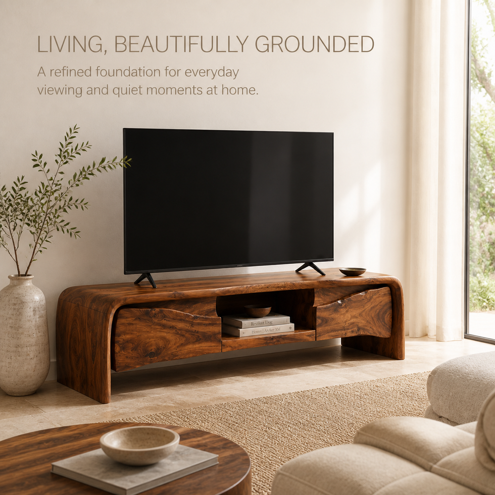 Riven Sculptural Solid Wood TV Stand - Design 062 - TV stand detail and styling view 01