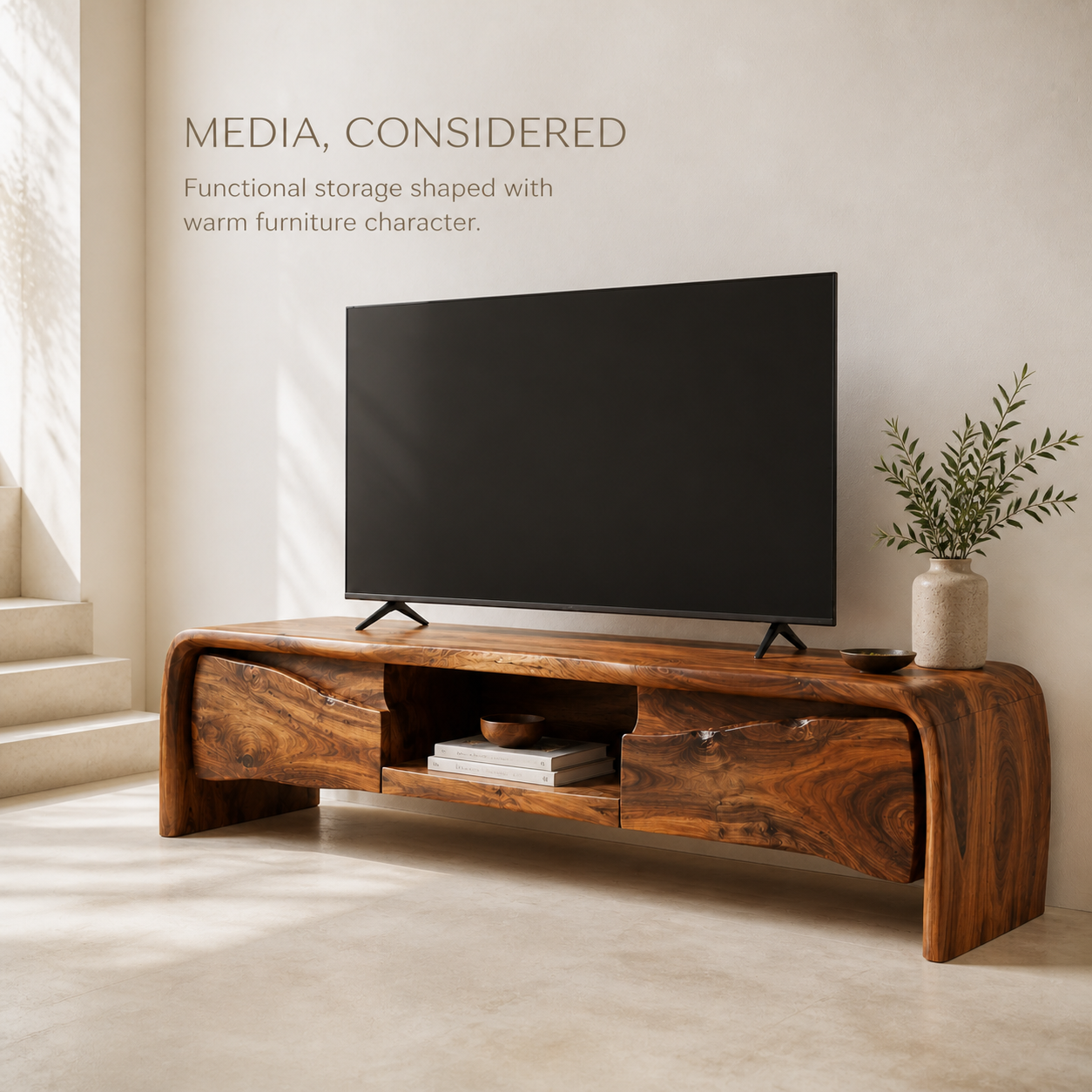 Riven Sculptural Solid Wood TV Stand - Design 062 - TV stand detail and styling view 02
