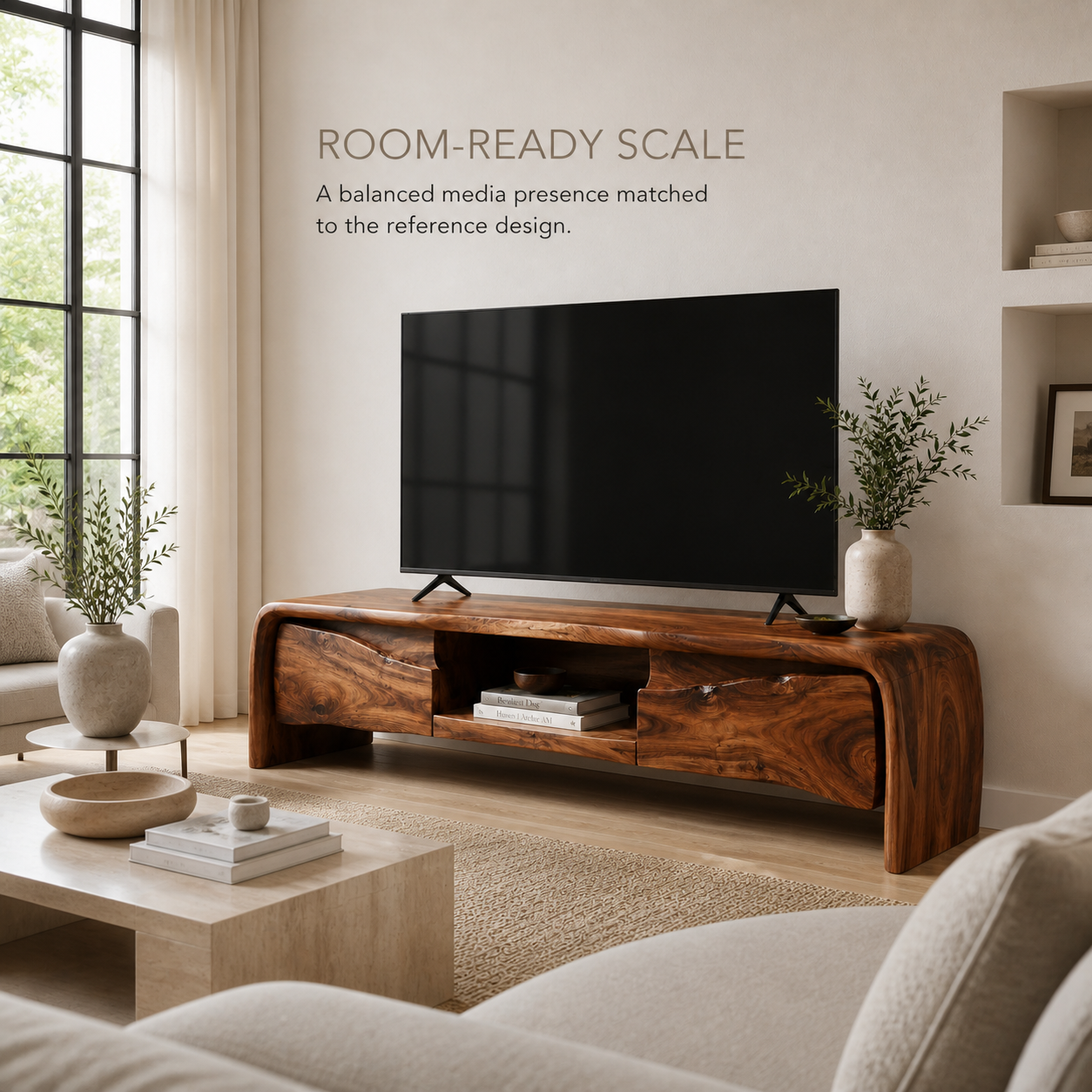 Riven Sculptural Solid Wood TV Stand - Design 062 - TV stand detail and styling view 03