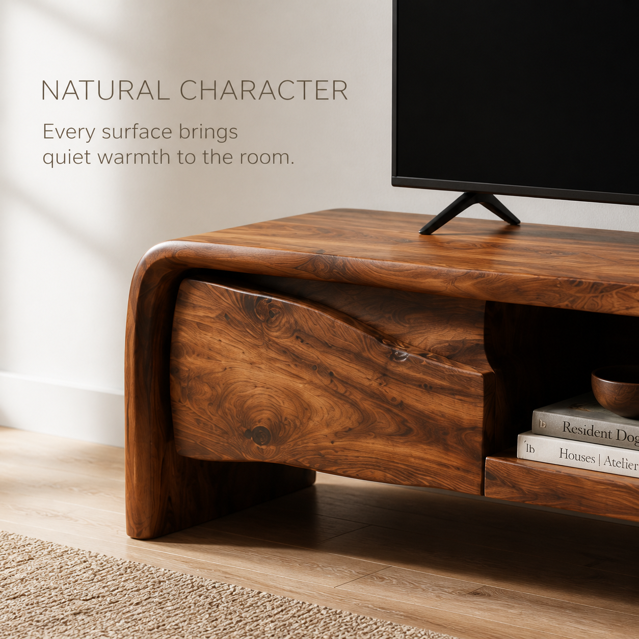 Riven Sculptural Solid Wood TV Stand - Design 062 - TV stand detail and styling view 04