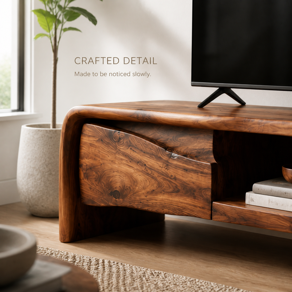 Riven Sculptural Solid Wood TV Stand - Design 062 - TV stand detail and styling view 05