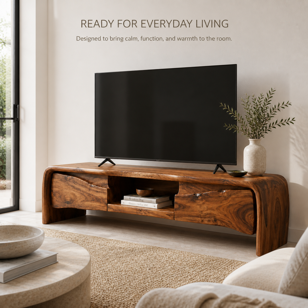 Riven Sculptural Solid Wood TV Stand - Design 062 - TV stand detail and styling view 06