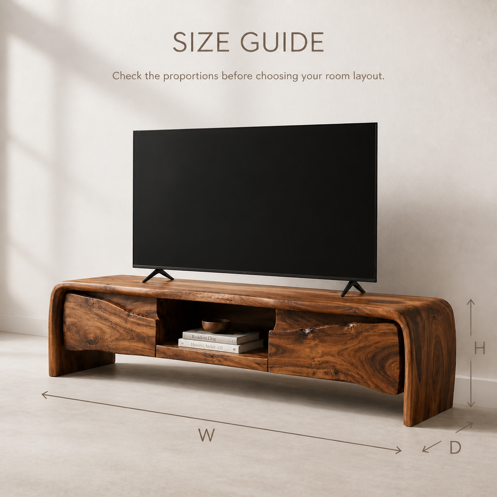 Riven Sculptural Solid Wood TV Stand - Design 062 - TV stand detail and styling view 07