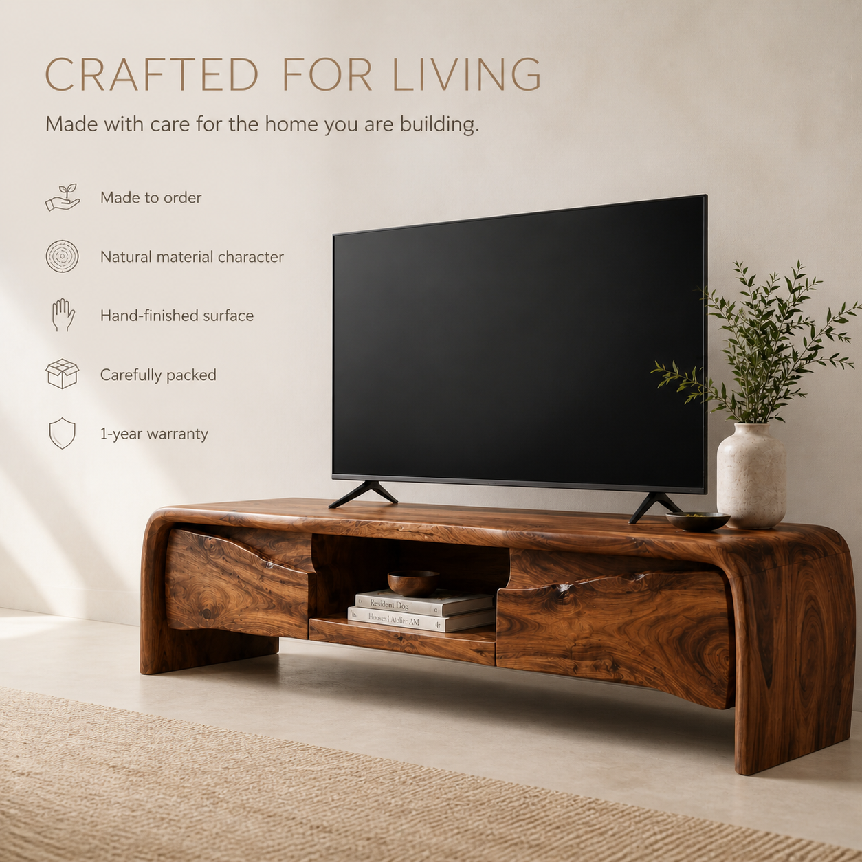 Riven Sculptural Solid Wood TV Stand - Design 062 - TV stand detail and styling view 08