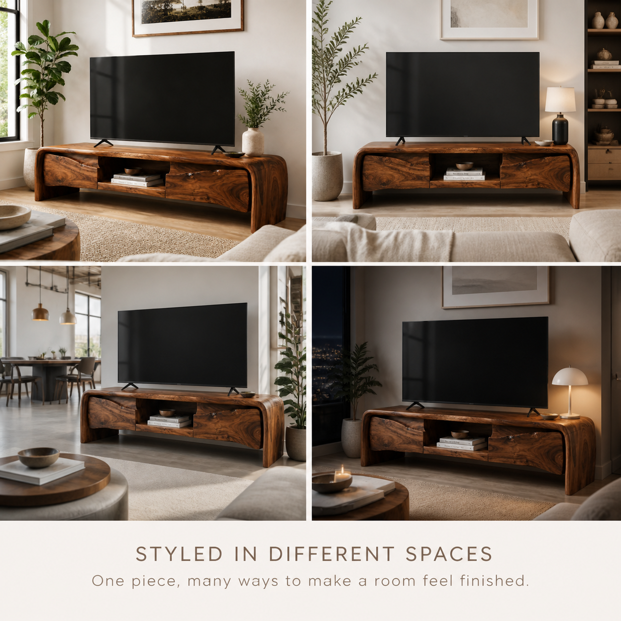Riven Sculptural Solid Wood TV Stand - Design 062 - TV stand detail and styling view 09