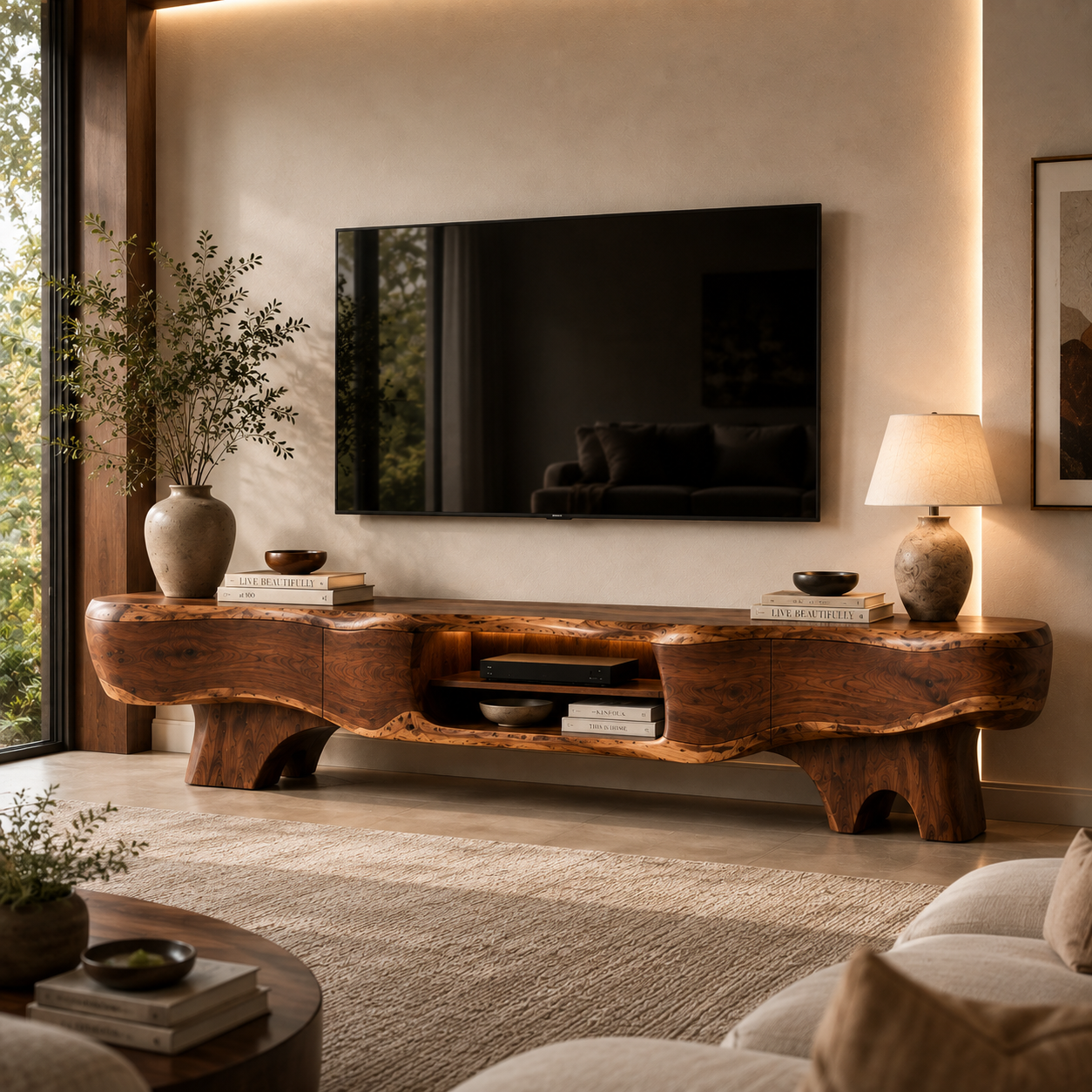 Callen Sculptural Solid Wood TV Stand - Design 064 - premium solid wood TV stand main lifestyle view