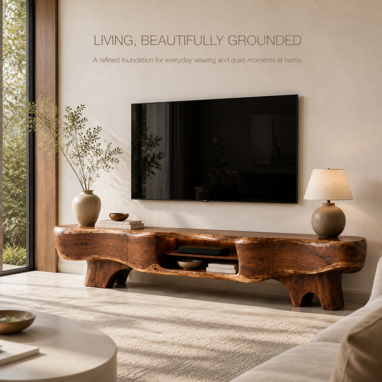 Callen Sculptural Solid Wood TV Stand - Design 064 - TV stand detail and styling view 01