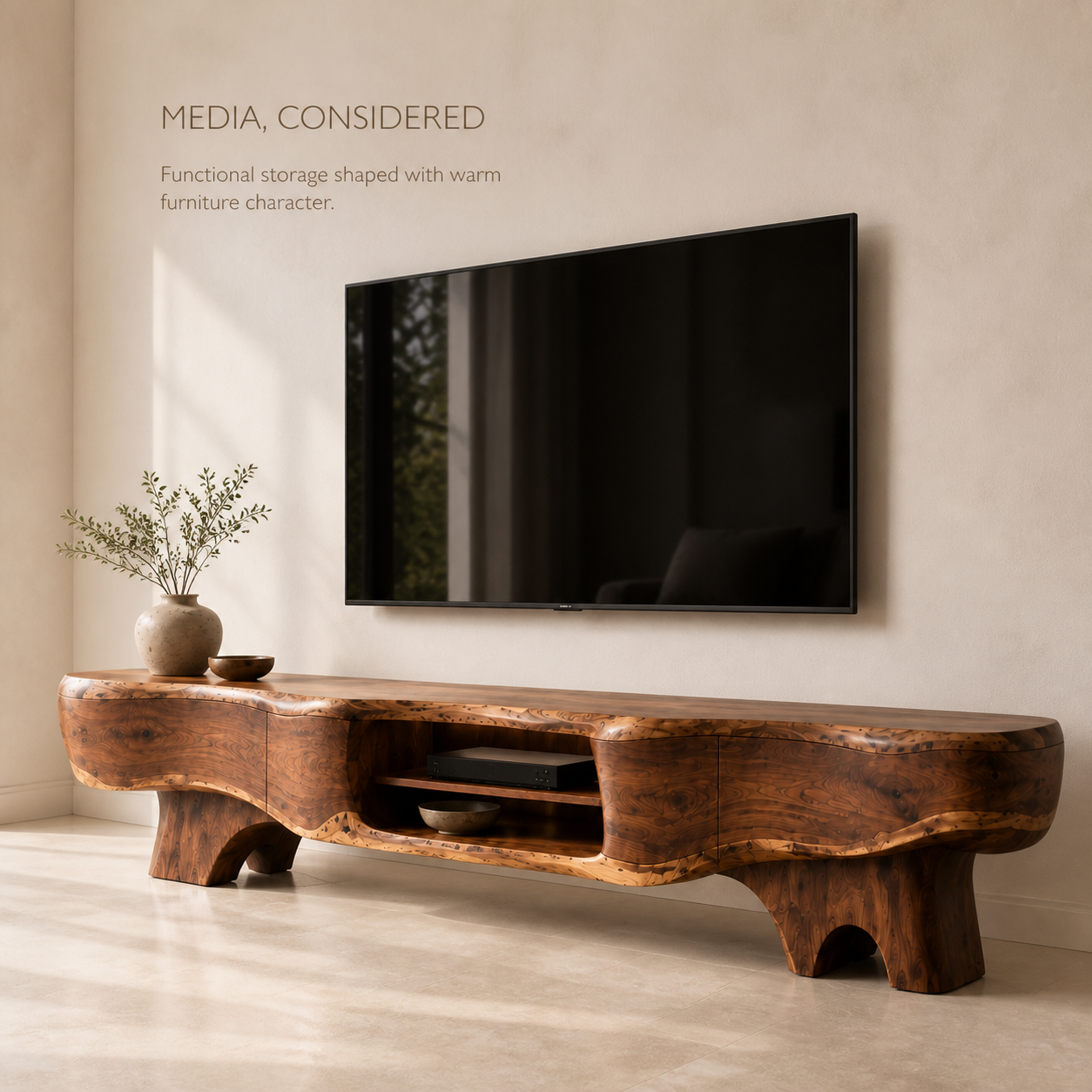 Callen Sculptural Solid Wood TV Stand - Design 064 - TV stand detail and styling view 02