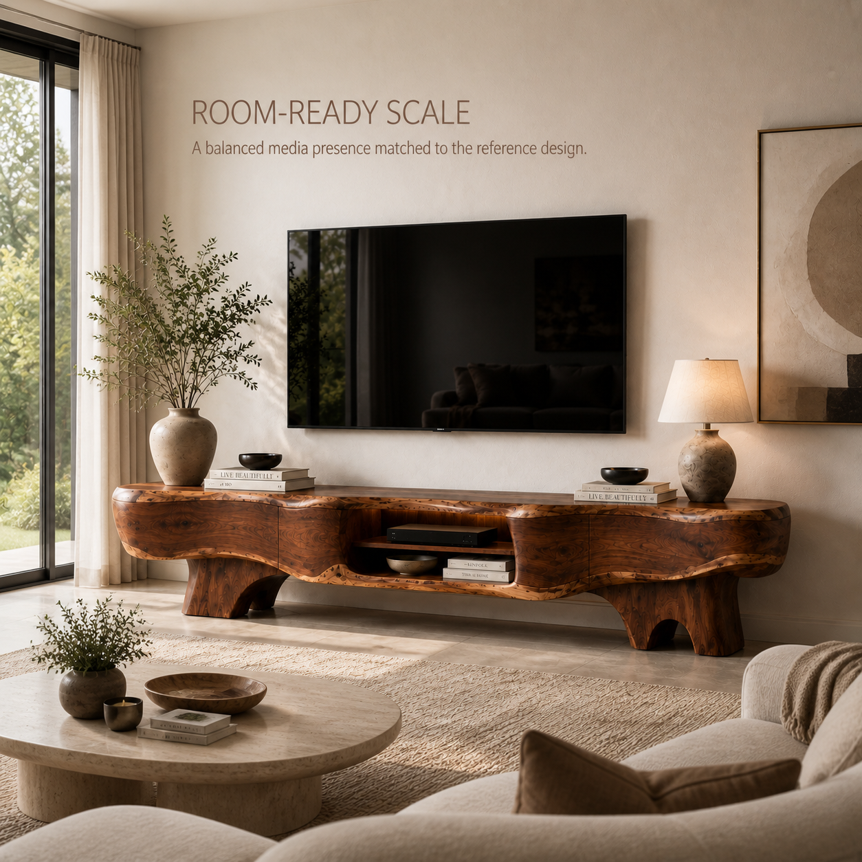 Callen Sculptural Solid Wood TV Stand - Design 064 - TV stand detail and styling view 03