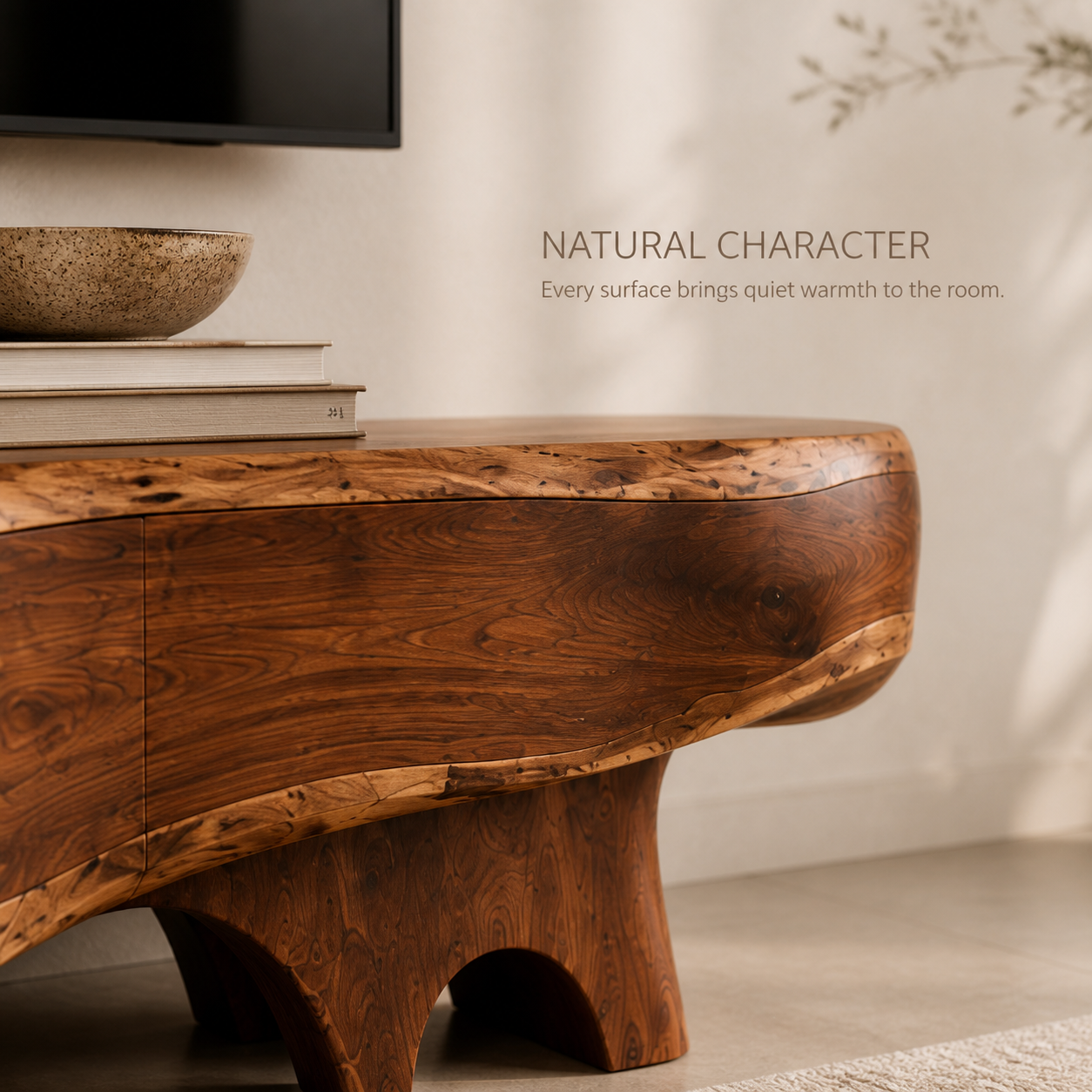 Callen Sculptural Solid Wood TV Stand - Design 064 - TV stand detail and styling view 04