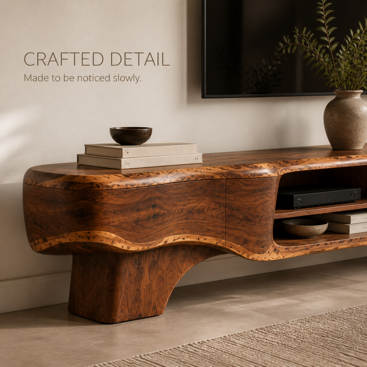 Callen Sculptural Solid Wood TV Stand - Design 064 - TV stand detail and styling view 05