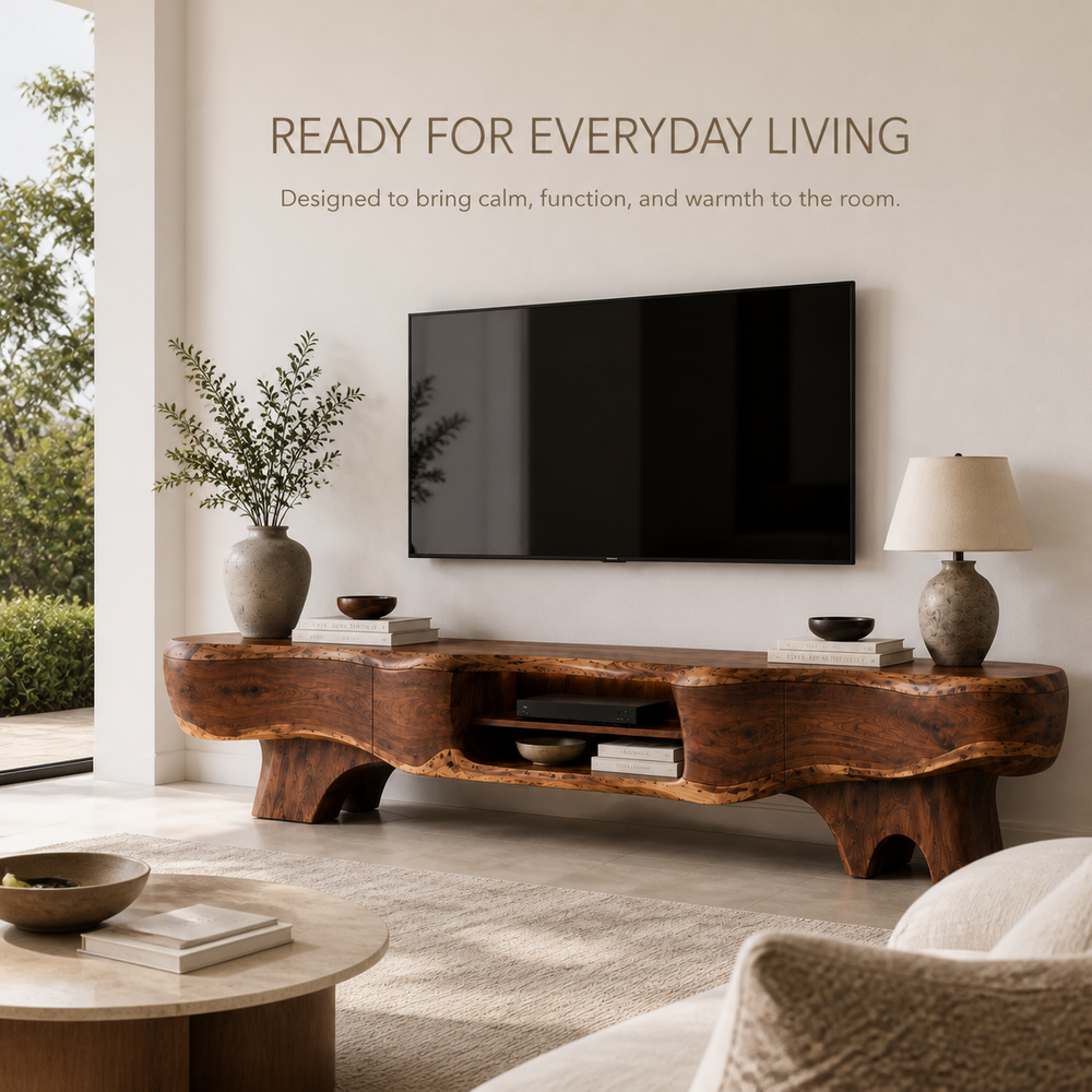 Callen Sculptural Solid Wood TV Stand - Design 064 - TV stand detail and styling view 06