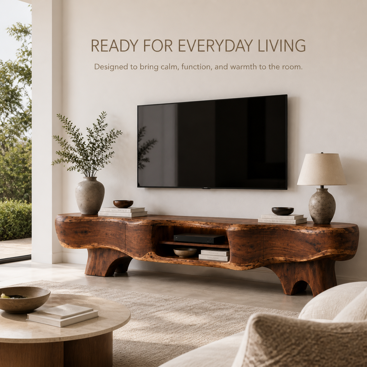 Callen Sculptural Solid Wood TV Stand - Design 064 - TV stand detail and styling view 06