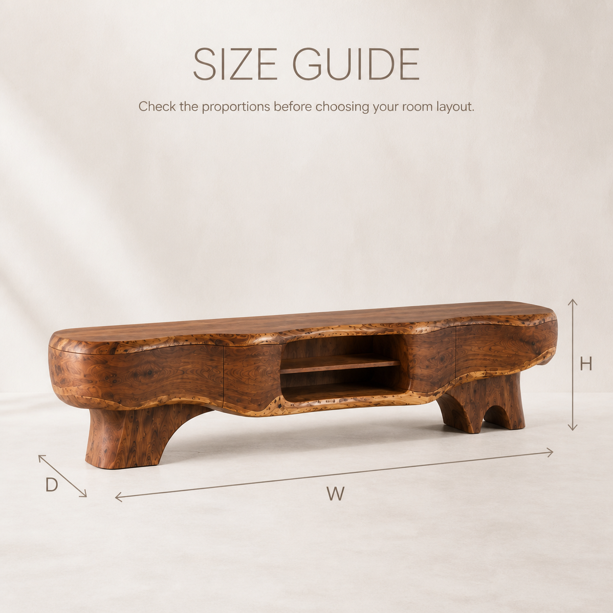 Callen Sculptural Solid Wood TV Stand - Design 064 - TV stand detail and styling view 07