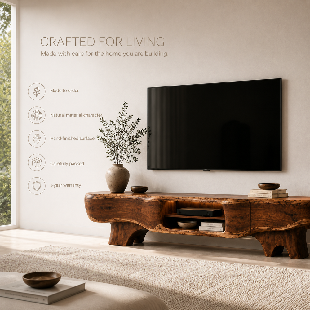 Callen Sculptural Solid Wood TV Stand - Design 064 - TV stand detail and styling view 08