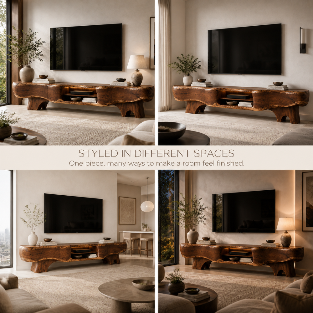 Callen Sculptural Solid Wood TV Stand - Design 064 - TV stand detail and styling view 09