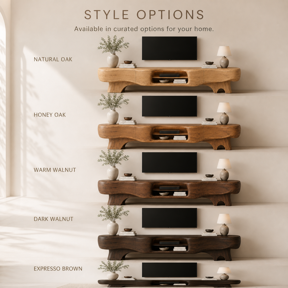 Callen Sculptural Solid Wood TV Stand - Design 064 - TV stand detail and styling view 10