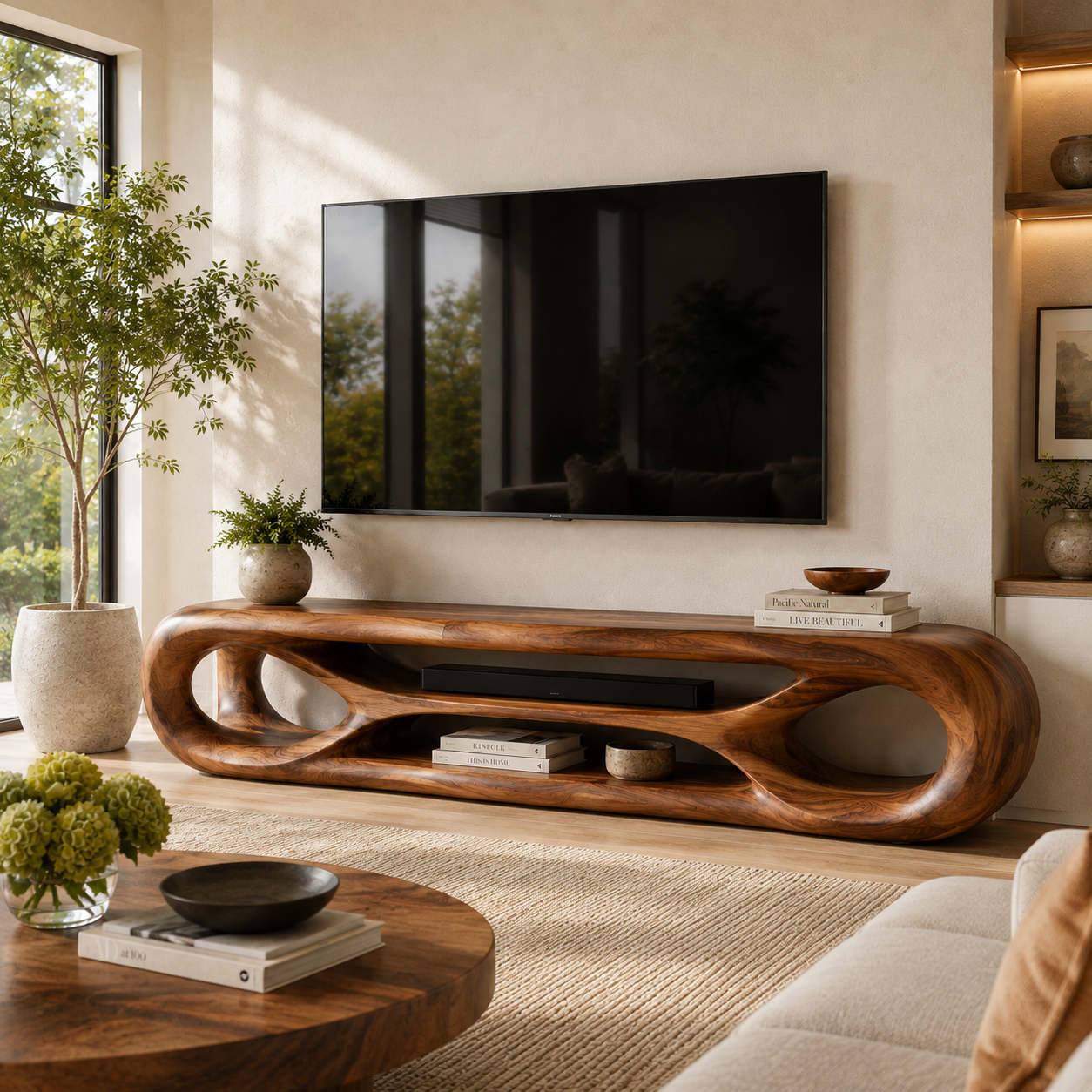 Zara Sculptural Solid Wood TV Stand - Design 065 - premium solid wood TV stand main lifestyle view
