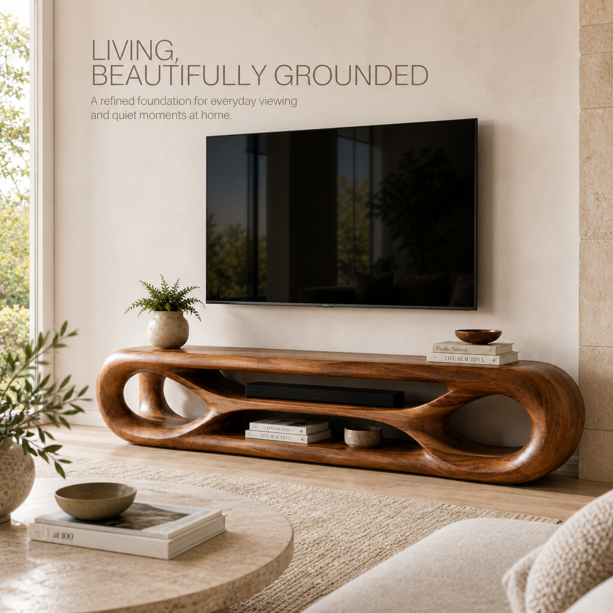 Zara Sculptural Solid Wood TV Stand - Design 065 - TV stand detail and styling view 01