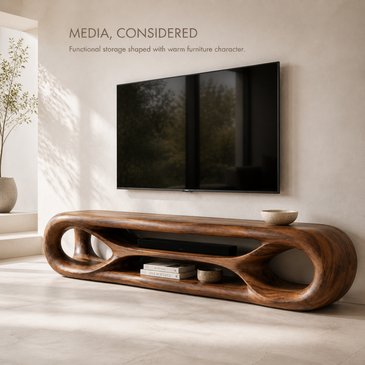 Zara Sculptural Solid Wood TV Stand - Design 065 - TV stand detail and styling view 02