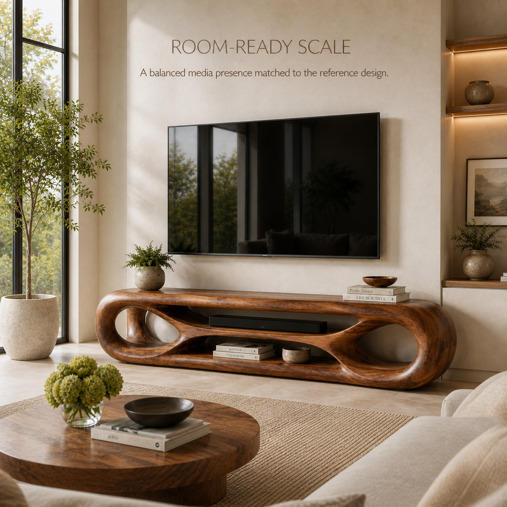 Zara Sculptural Solid Wood TV Stand - Design 065 - TV stand detail and styling view 03