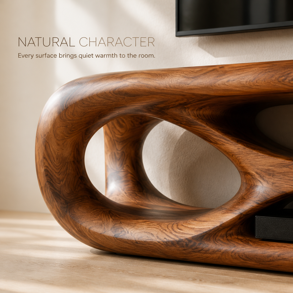 Zara Sculptural Solid Wood TV Stand - Design 065 - TV stand detail and styling view 04