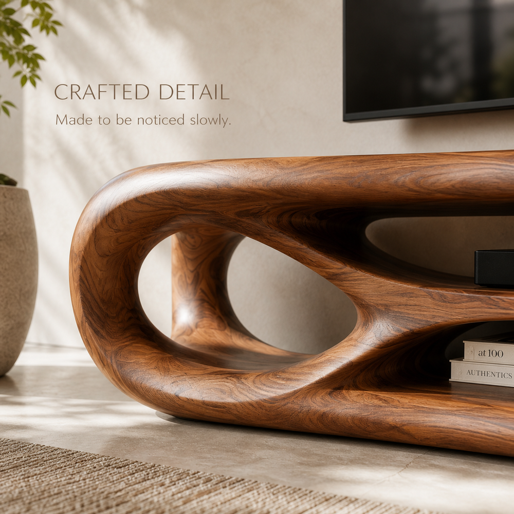 Zara Sculptural Solid Wood TV Stand - Design 065 - TV stand detail and styling view 05