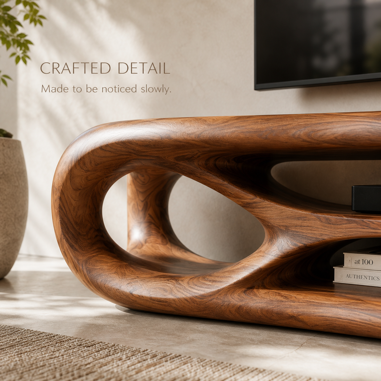 Zara Sculptural Solid Wood TV Stand - Design 065 - TV stand detail and styling view 05