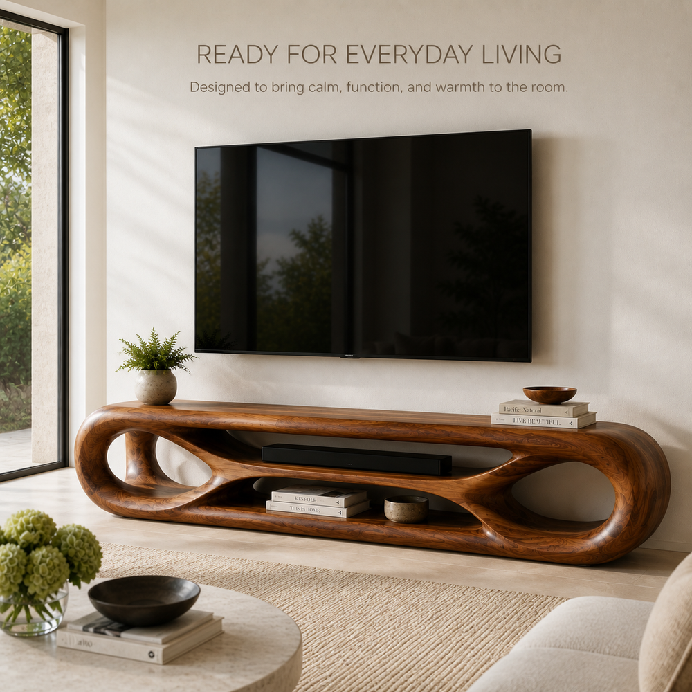 Zara Sculptural Solid Wood TV Stand - Design 065 - TV stand detail and styling view 06
