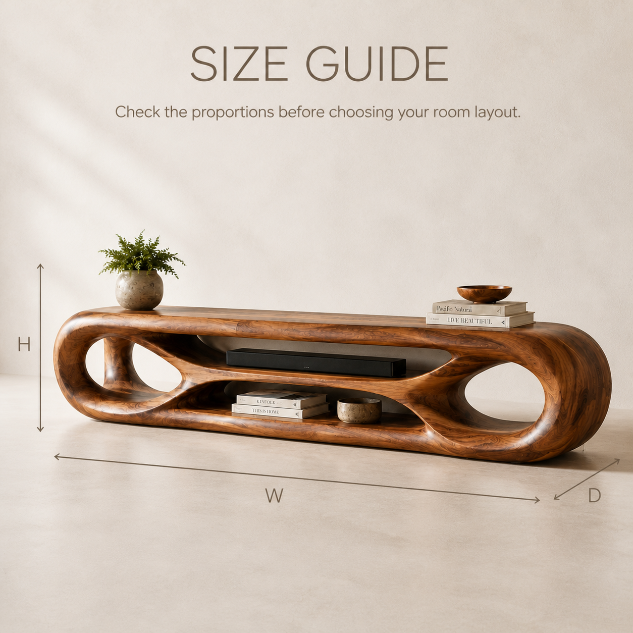 Zara Sculptural Solid Wood TV Stand - Design 065 - TV stand detail and styling view 07